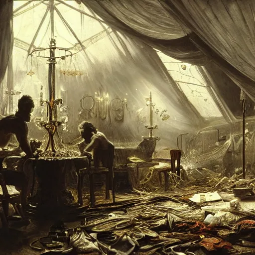 Prompt: painting hr giger tent in a room, floral ornaments light beams night, scene from fightclub movie, andreas achenbach
