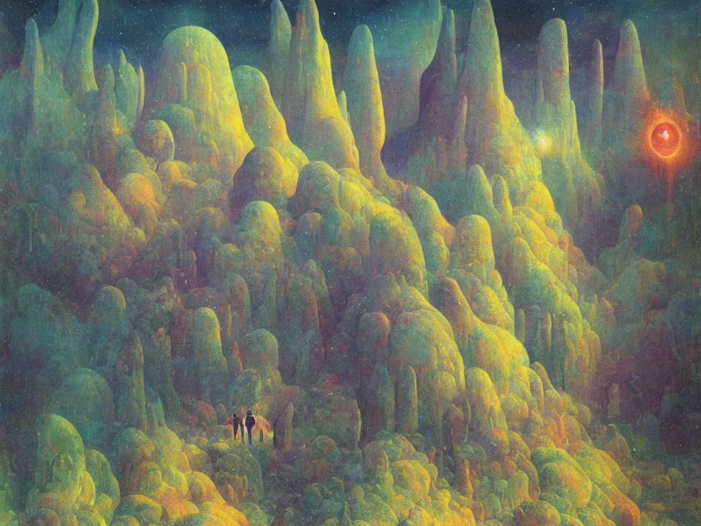 Prompt: study of the psychedelics dream bot mothership over the sublime sacred rock. painting by mikalojus konstantinas ciurlionis, bosch, wayne barlowe, agnes pelton, rene magritte