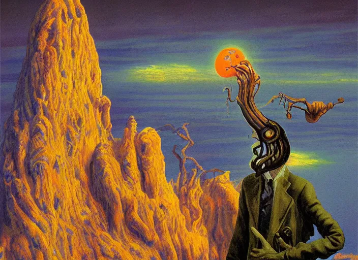 Prompt: surrealist impressionist painting of eldritch garfield at dusk, in the style of michael whelan and james gurney and wayne barlowe