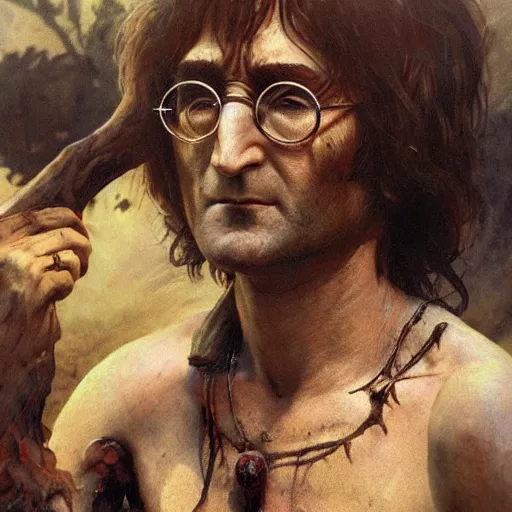 Prompt: john lennon as ritualistic cannibal, ultra realistic, concept art, intricate details, highly detailed, photorealistic, octane render, 8 k, unreal engine, art by frank frazetta, simon bisley, brom