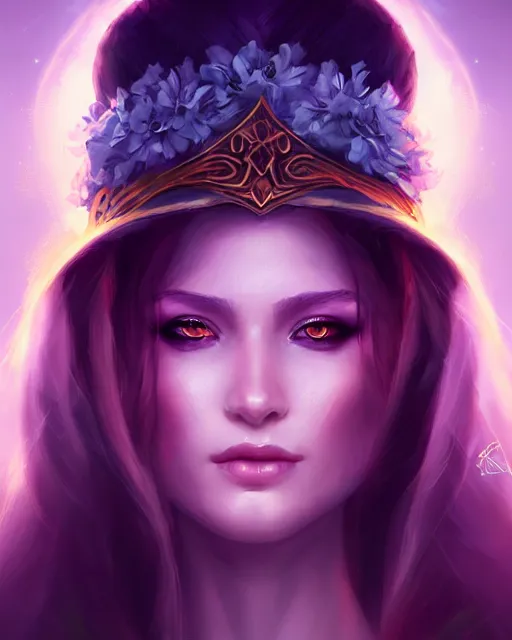 Image similar to portrait auburn princess of shadows and smoke, high cheekbones and fierce eyes, beautiful portrait, magical flower priestess, halo of light, artgerm, artstation, ross tran, photorealism