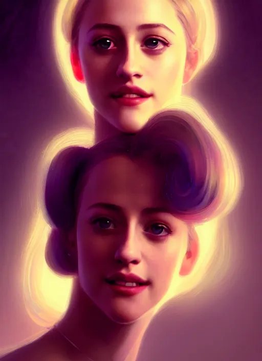 Image similar to portrait of lili reinhart, smiling kindly, bangs, 1 9 6 0 s, ponytail, bangs and ponytail, intricate, elegant, glowing lights, highly detailed, digital painting, artstation, concept art, smooth, sharp focus, illustration, art by wlop, mars ravelo and greg rutkowski