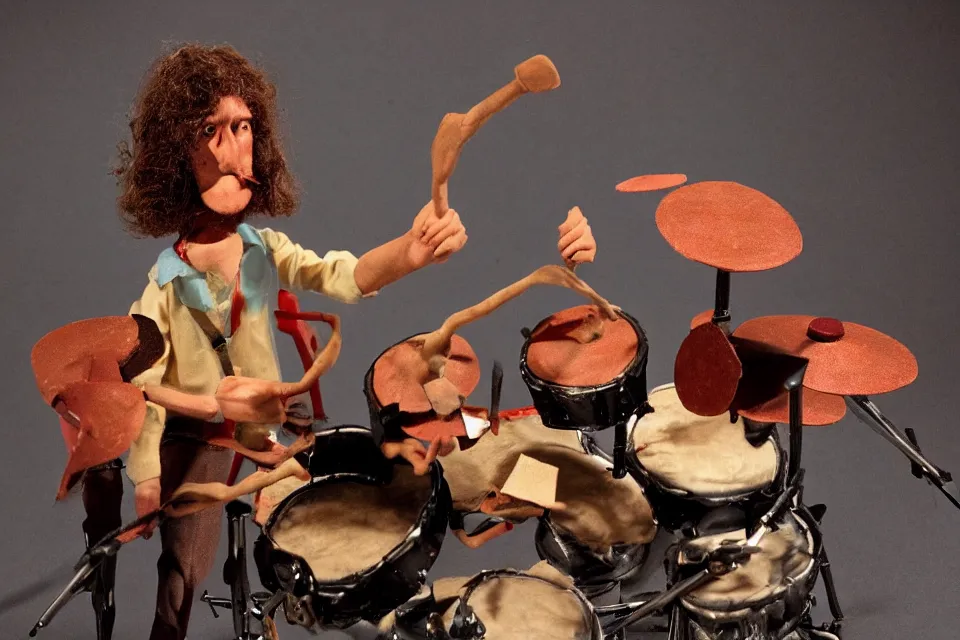 Prompt: a claymation film still of a curly long hair drummer playing the drum set. claymation by bruce bickford