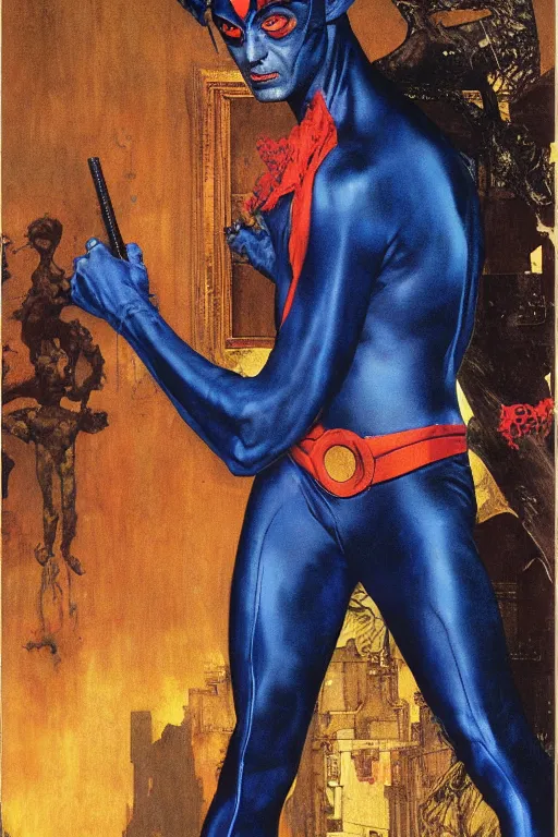 Prompt: full length portrait of udo kier as marvel nightcrawler by lawrence alma tadema, rick berry, norman rockwell, jason fabok. greg staples, nc wyeth, jack kirby, tom lovell