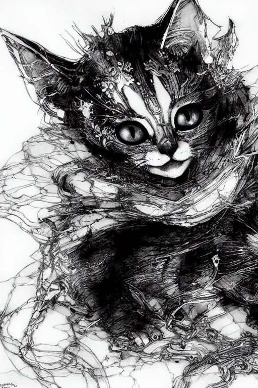 Image similar to Kitten vampire lord, pen and ink, intricate line drawings, by Yoshitaka Amano, Ruan Jia, Kentaro Miura, Artgerm, watercolor