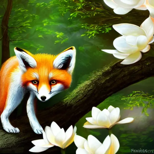 Prompt: small red fox in a forest full of white magnolias, fantasy, photorealistic, highly detailed