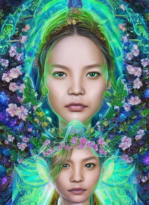 Image similar to portrait of Lalisa Manobal as a Celestial Goddess of a futuristic pearlescent holographic, inside future fighter, sci-fi, fantasy, intricate, lush garden spaceship with sakura season flowers in Kyoto Japan, elegant, human anatomy, royal green and nature light, highly detailed, digital painting, artstation, concept art, smooth, sharp focus, illustration, art by tian zi and WLOP and alphonse mucha, masterpiece, 3d blender