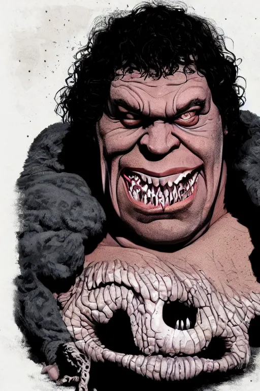 Prompt: andre the giant in sleepy hollow, full body, big two toned eyes, teeth gritted, horror, intricate details, cinematic, epic, realistic, anatomy, tomer hanuka, uplight, artstation, photorealistic, scary