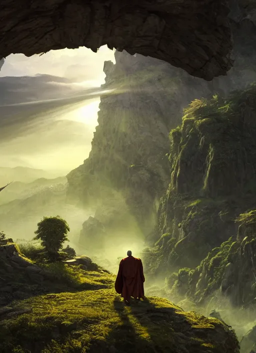 Prompt: a cosmic monk in lord of the rings scenery landscape, looking out at a lush valley, futuristic alien spacecraft in the sky, sunrise, god's rays, highly detailed, vivid color, cinematic lighting, perfect composition, 8 k, gustave dore, derek zabrocki, greg rutkowski, belsinski, octane render