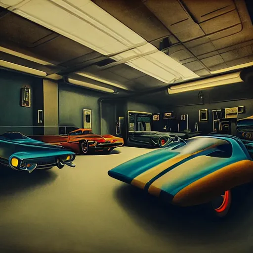 Image similar to retro futuristic vintage cars in showroom, atmospheric lighting, painted, intricate, volumetric lighting, beautiful, daytime, sunny weather, slight overcast, sharp focus, deep colours, ultra detailed, by leesha hannigan, ross tran, thierry doizon, kai carpenter, ignacio fernandez rios