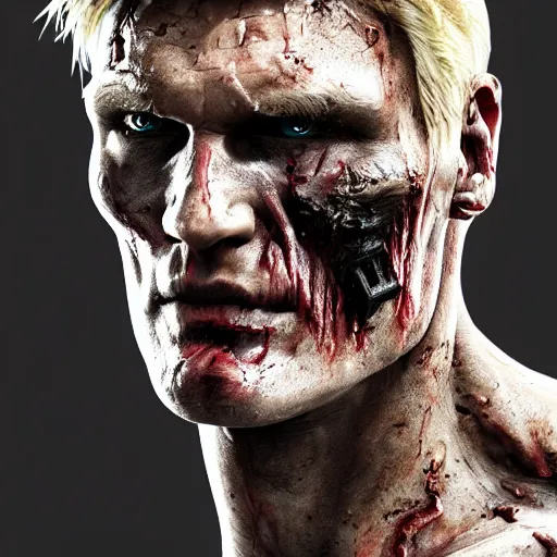 Prompt: dolph lundgren as a flesh eating zombie with cuts on face, 7 days to die zombie, fine art, award winning, intricate, elegant, sharp focus, cinematic lighting, highly detailed, digital painting, 8 k concept art, art by guweiz and z. w. gu, masterpiece, trending on artstation, 8 k