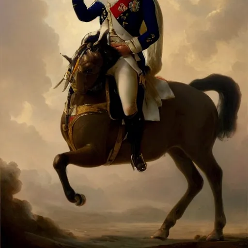 Image similar to a dramatic epic ethereal portrait of Napoleon in French revolutionary wars, 18th century, full body with dynamic pose, male, detailed face, cinematic lighting, highly detailed oil on canvas painting by Greg Rutkowski, winning-award digital art trending on Artstation H 1024 W 832