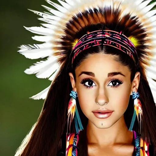 Prompt: ariana grande as a beautiful native american from 300 years ago, colour, photography, realistic,