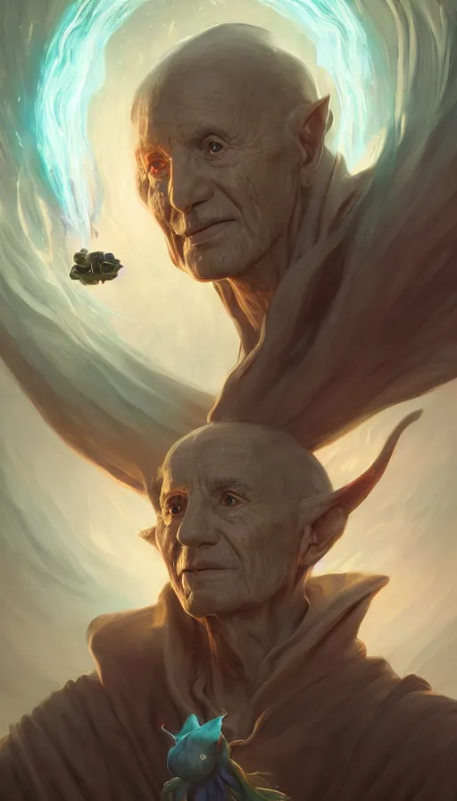 Prompt: a portrait of an elder Grand sorcerer with some elemental entity flying around::highly detailed, digital painting, artstation, concept art, sharp focus, unreal engine 5, by Peter Mohrbacher, vivid colors, high contrast, cinematic, 8k resolution, intricate, photorealistic, digital painting,smooth, sharp focus, illustration, artstation trending, octane render, unreal engine