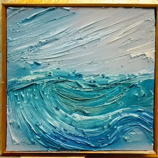 Image similar to oil paint impasto relief, beautiful powerful waves, colours teal white cream grey blue, multi layered thick brush marks, some splattered paint, in the style of ivan shishkin and frank auerbach and rene lalique