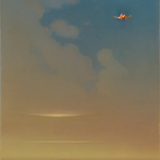 Image similar to atmospheric painting of a boy flying in the sky by moebius and john harris, atmospheric, concept art, saturation 2