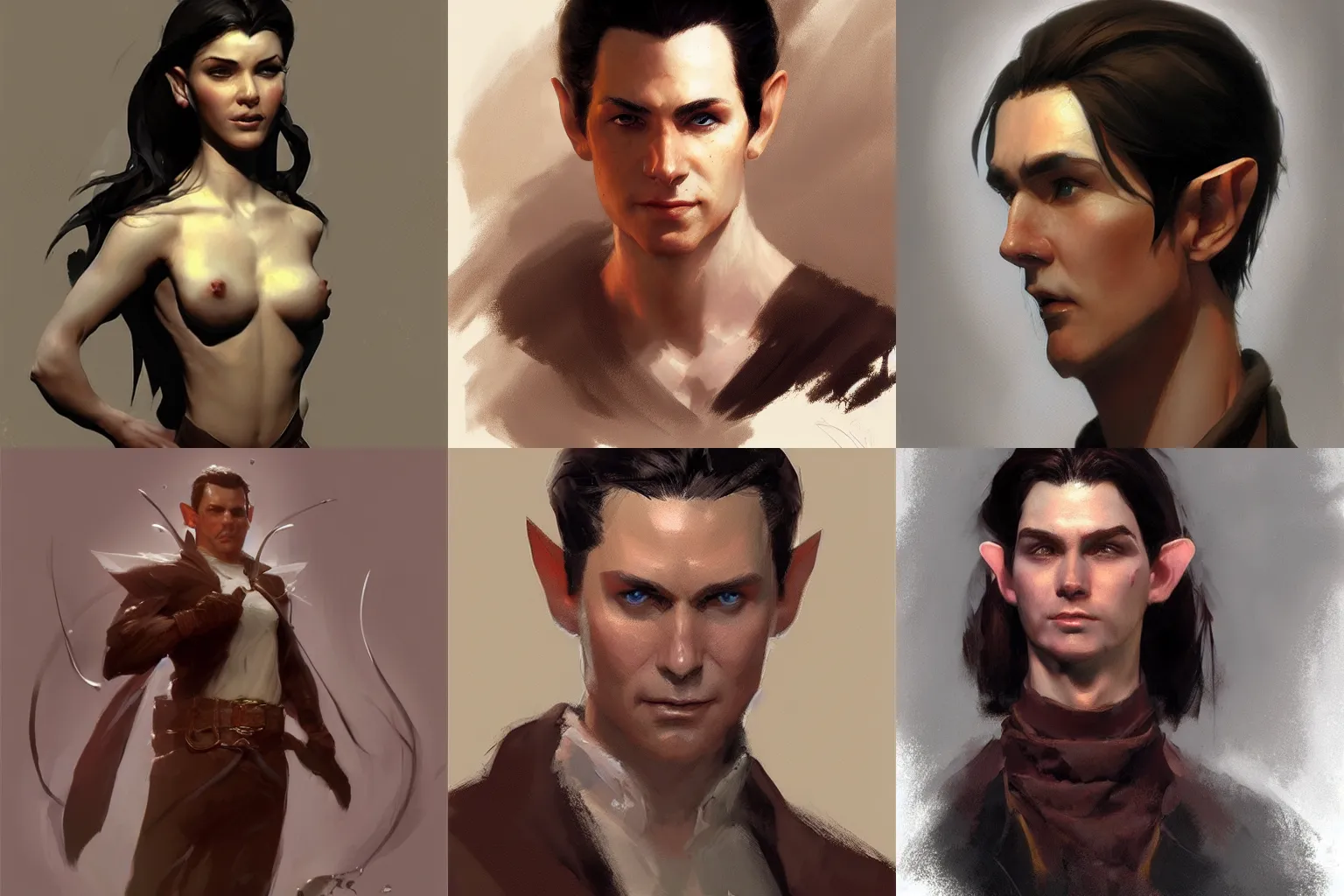 Prompt: elf with slicked back long dark brown hair. of average build. Craig Mullins. Portrait. featured on artstation