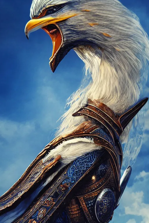 Image similar to realistic detailed photo of ladyhawke, soaring through the sky, blue eyes, woven armour with , intricate complexity, Behance, golden ratio, +fibanci background, vray, rich deep colors