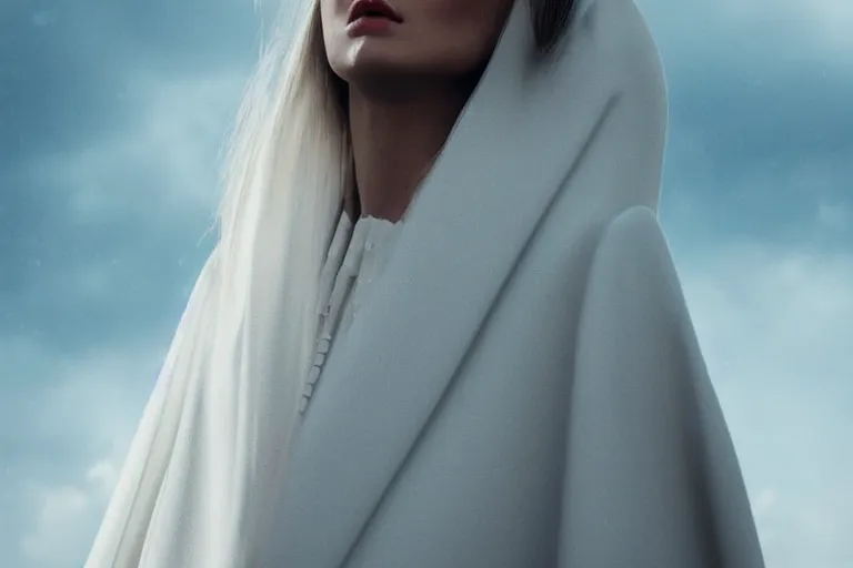 Prompt: a cinematic!!! headshot portrait!!! of a model women wearing long white futuristic coat on the top of a sky scraper, large diffused light, ultra realistic faces, 4 k, ultra realistic, dramatic lighting, rain, clouds, fog, vogue, fashion, glamour, magazine spread, by!! marco mazzoni!!