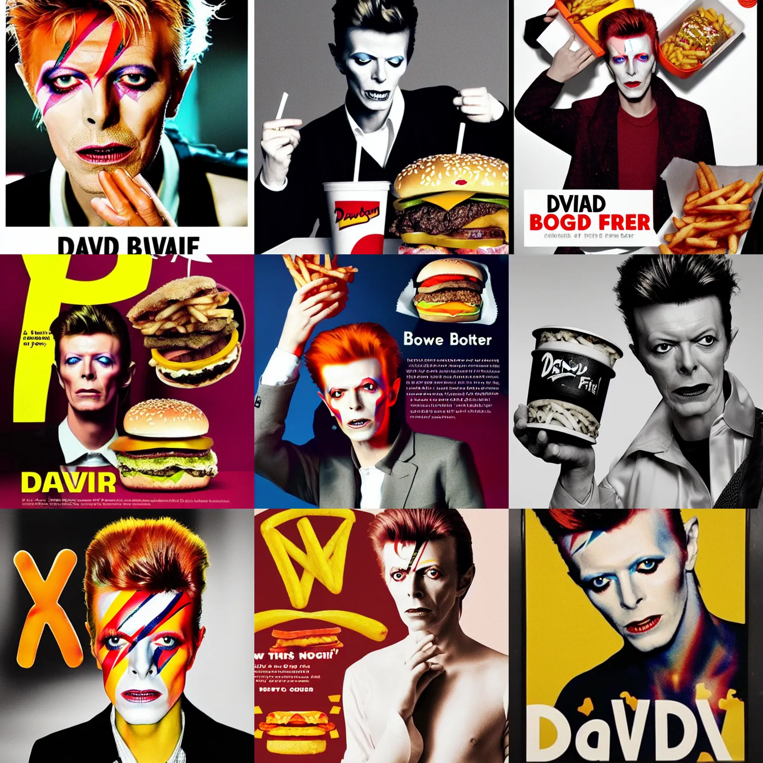 Prompt: Promotional Poster for the new David Bowie burger and fries at McDonalds