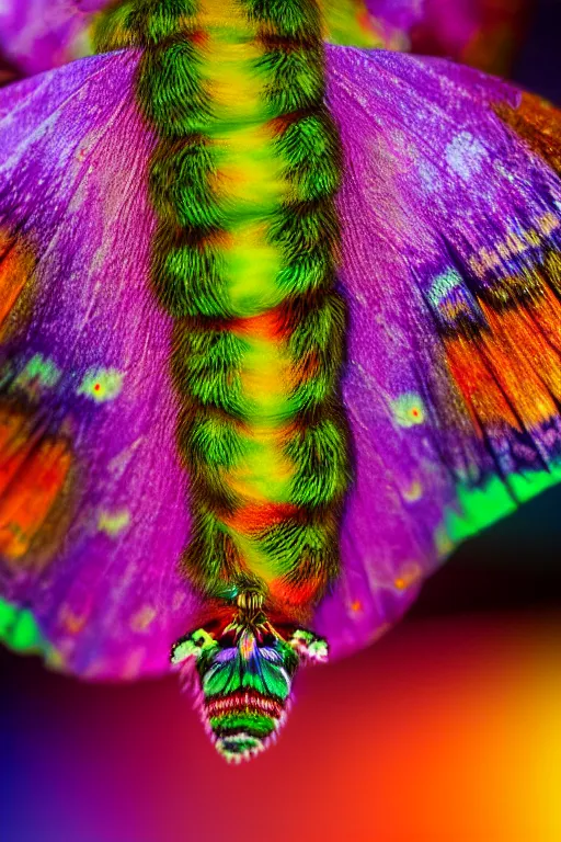 Image similar to high quality macro photo multicolored puss moth caterpillar! gorgeous highly detailed hannah yata elson peter cinematic lighting high quality low angle hd 8k sharp shallow depth of field