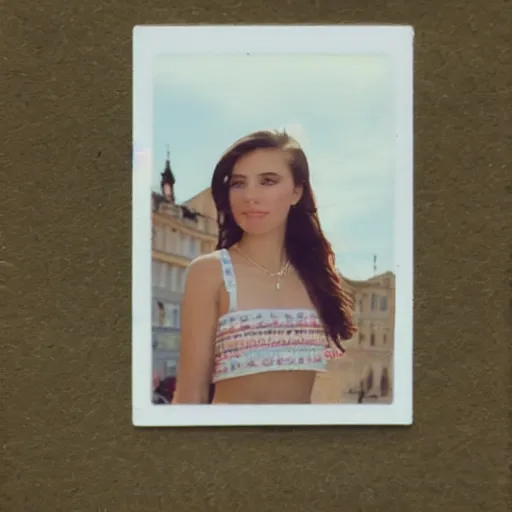 Prompt: Instax mini portrait of a young European woman, beautiful, vacation photo