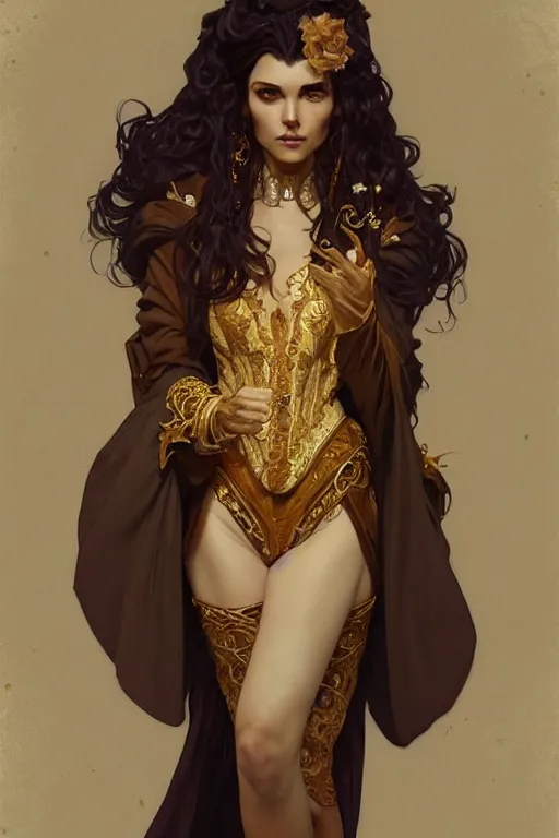 Prompt: Portrait of a Holy Necromancer, brown female, beautiful, golden robes, white pants, exquisite black accessories, golden corset, highly detailed, smooth, sharp focus, digital painting, illustration, fantasy, by Krenz Cushart and Artem Demura and alphonse mucha, artstation, cgsociety