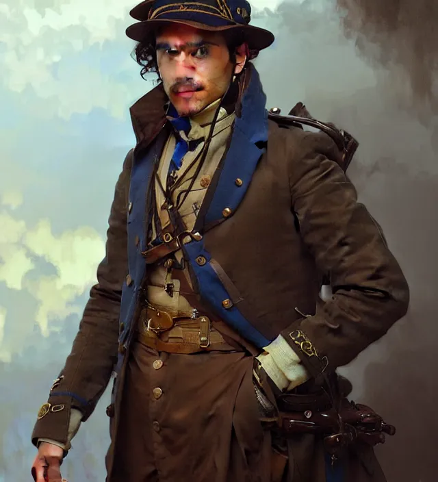 Image similar to candid portrait of a man with brown curly hair and deep brown eyes, wearing a blue traditional colonial military jacket, intricate, highly detailed, digital painting, artstation, concept art, sharp focus, cinematic lighting, illustration, art by artgerm and greg rutkowski, alphonse mucha, cgsociety