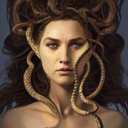 Prompt: ''face portrait of medusa with snake for hair, furry, greek mythology, greece, fantasy, dungeons and dragons, d & d, digital painting, artstation, concept art, sharp focus, illustration, art by greg rutkowski and alphonse mucha''