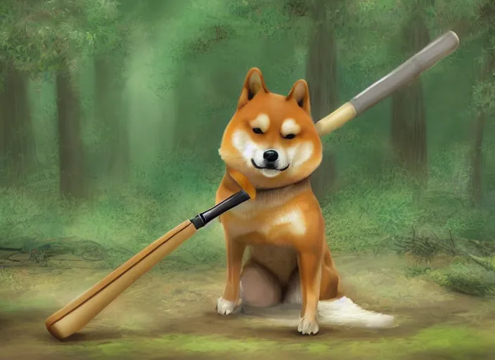 Prompt: digital art of a bodybuilder shiba inu holding a baseball bat in the forest. Dof. Highly detailed 8k, fantasy