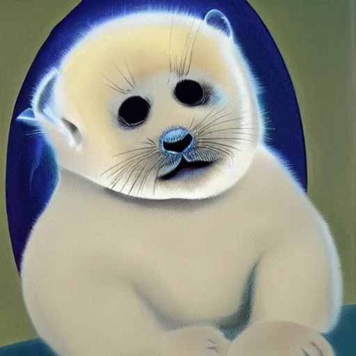 Image similar to portrait of a baby harp seal super hero, oil painting by alex ross