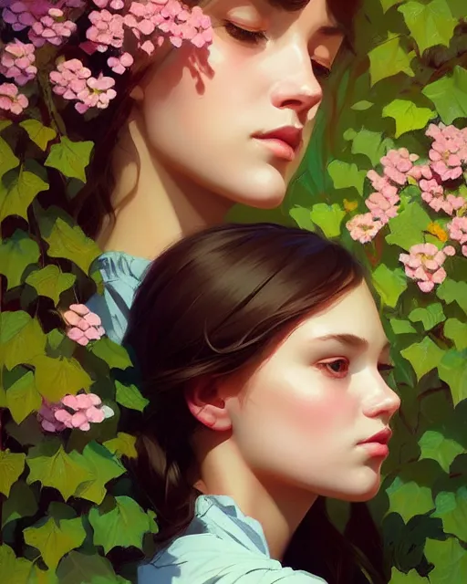 Image similar to stylized portrait of an artistic pose, composition, young lady sorrounded by nature, ivy's, flowers, realistic shaded, fine details, realistic shaded lighting poster by ilya kuvshinov, magali villeneuve, artgerm, jeremy lipkin and michael garmash and rob rey