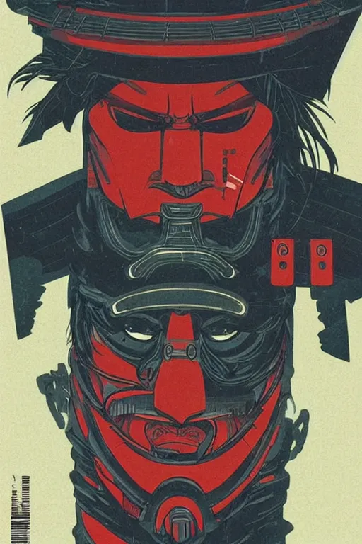 Image similar to 1 9 7 9 omni magazine cover of hiroyuki sanada in a samurai hat and oni half - mask. piercing gaze. simple stylized cyberpunk photo by josan gonzalez.