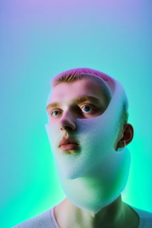 Image similar to high quality pastel coloured film mid angle portrait photograph of a beautiful young 2 0 year old male, soft features, short hair, perspex mask and oversized inflated clothing!!!! icelandic black! rock pool environment. atmospheric three point light. photographic. art directed. ( pastel colours ). volumetric. clearcoat. waves. 8 k. filmic.