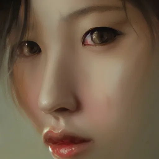 Image similar to perfect, realistic oil painting of close-up japanese girl face, by Greg Rutkowski, by an American professional senior artist, Hollywood concept, dynamic composition and motion, postproduction.