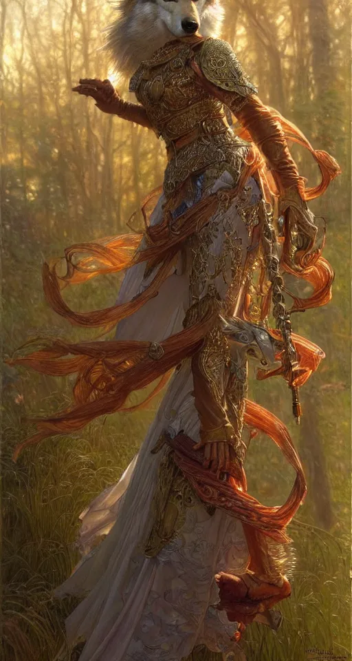 Image similar to highly detailed full body portrait of a enchanted wolf in the form of a beautiful young princess. d & d, art by donato giancola and ruan jia and carl larsson and magali villeneuve. trending on artstation, intricate details, energetic composition, golden ratio, concept art, illustration, elegant art