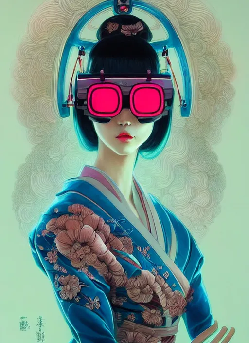 Image similar to portrait illustration of female japanese android wearing a vr eyewear and very detailed and intricate geisha kimono dress, intricate detail, cyber neon lighting, highly detailed, artstation, glamor pose, concept art, art by peter mohrbacher and boris vallejo and liam wong, pinterest, artstation, digital painting,