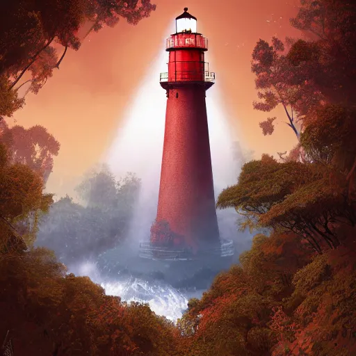 Prompt: red orangutan as doctor who climbing on the unstable lighthouse, beautiful, realistic, atmosphere, vibe, forest, lot of trees, fern, flowers, concept art illustration, color page, tone mapping, akihiko yoshida, james jean, andrei riabovitchev, marc simonetti, digital illustration, greg rutowski, volumetric lighting, sunbeams, particles