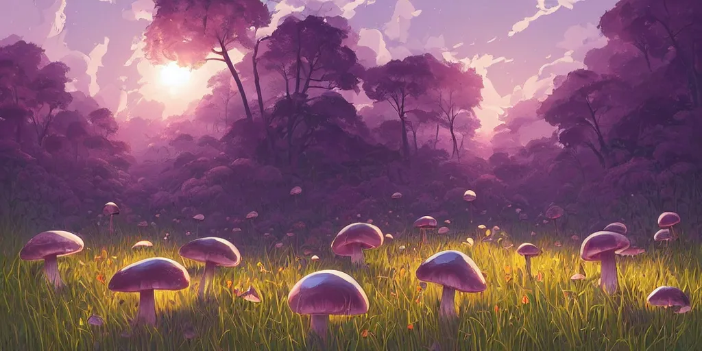 Prompt: backlight!!!!! rainy grass field wildflowers trees rock floor mushrooms game background median photoshop filter cutout vector behance hd by jesper ejsing, by rhads, makoto shinkai and lois van baarle, ilya kuvshinov, rossdraws, illustration, art by ilya kuvshinov and gustav klimt