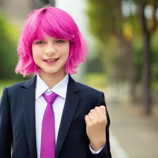 Prompt: a girl with pink hair wearing a suit and tie