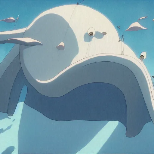 Prompt: huge white space whale, Miyazaki style, Studio Ghibli,moving castle, canvas, oil, animation, ultra details, very very very very wonderful