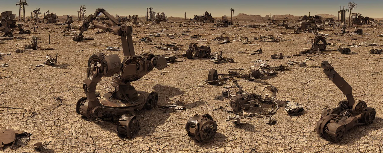Prompt: scrap yard for robot outcasts, desert landscape, dried vegetation, drought, sunny, photorealistic