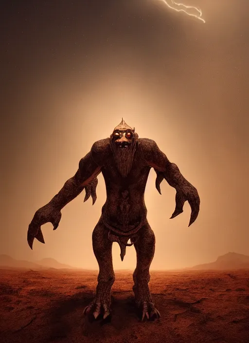 Prompt: terrific jinn monster in middle of desert, horror, dark atmosphere, harsh lighting, cinematic lighting, scary, award wining art, artstation, high details, concept art, 4 k