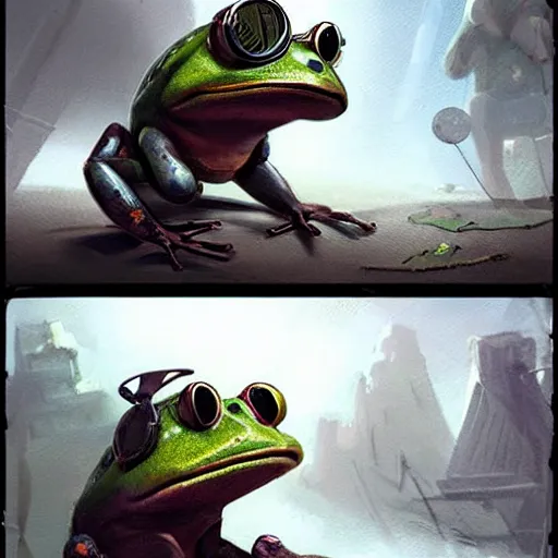 Image similar to Anthropomorphic frog who wears goggles and apocalyptic tech,greg rutkowski,and Sarah Andersen,ambient style, very detailed,detailed,detailed