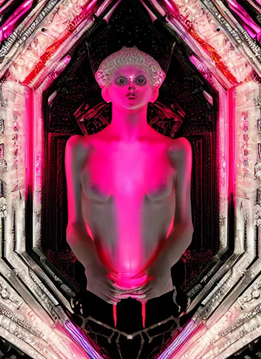 Prompt: photo of baroque and bladerunner geometric neon ruby sculpture of seductive orgasmic albino king of tigers diego villarreal pink iridescent humanoid deity wearing black fluffy hoody holding diamond skull in a black metallic dungeon, reclining, glowing rainbow face, crown of white diamonds, cinematic lighting, photorealistic, octane render 8 k depth of field 3 d