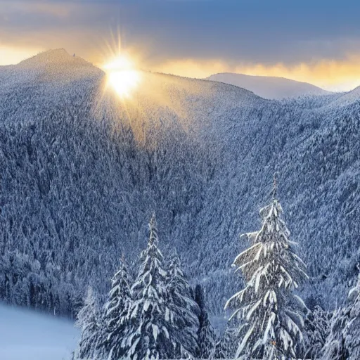 Image similar to snowfall over a beautiful mountain scene with sparse rays of sunshine