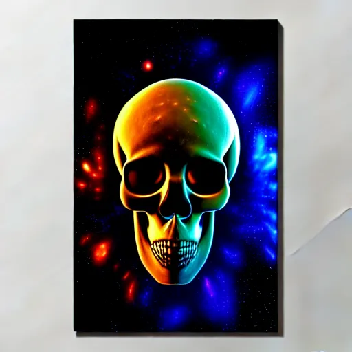 Prompt: black background, with a foreground of a symmetrical skull with a texture of paint pour modern abstract very detailed 8 k 4 k canvas, fractal, cosmic alien worlds, nebula, galactic, planets, space, extreme details