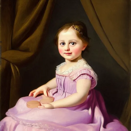 Image similar to portrait of a german toddler princess sitting down in a silk lavender gown, circa 1 8 3 7, by carl joseph begas, highly detailed, beautiful, oil on canvas, 1 8 3 0 s, romanticism