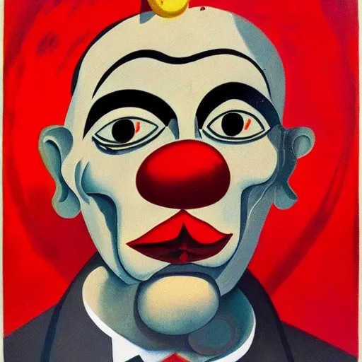 Prompt: communist clown in soviet propaganda style, picasso style painting, detailed portrait, vivid colors, dominating red color