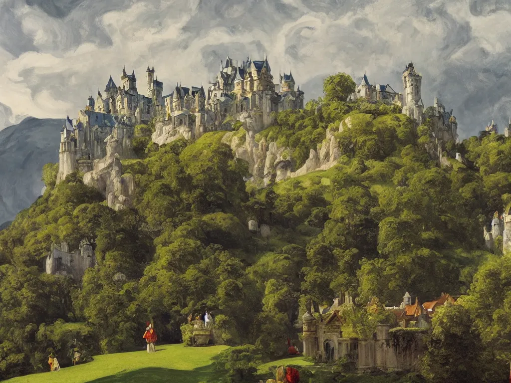 Image similar to highly detailed castle and surrounding village, panorama, thunderstorm, foliage, knights, people by Edward Hopper, David Hardy and Ernst Haeckel